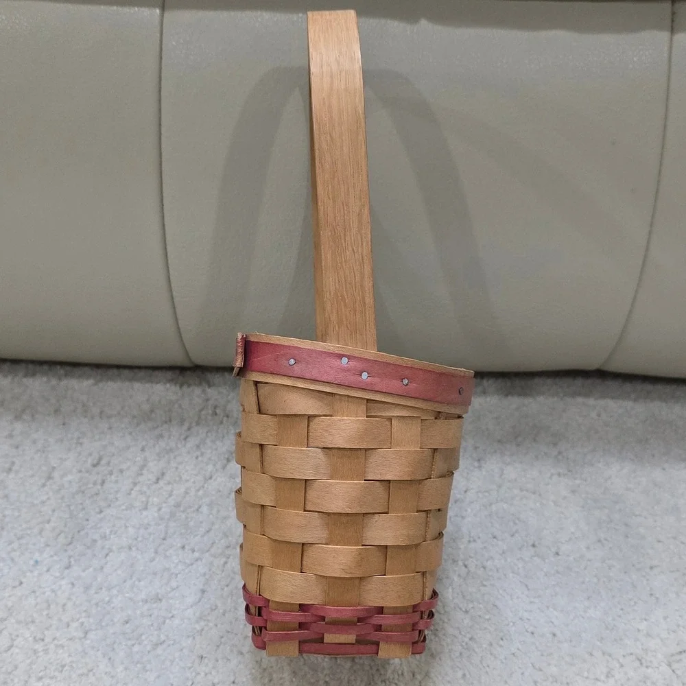 Vintage Workshops of Gerald E Henn Handwoven Wood Basket Red Trim Small Accent